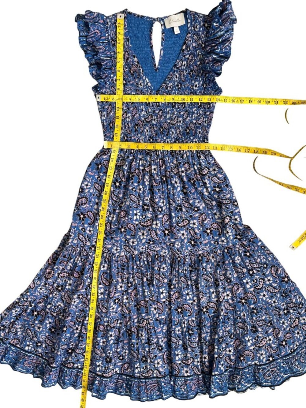 Cleobella Autumn Ruffle Blue Paisley Midi Dress Small Organic Cotton Pockets - Picture 11 of 11
